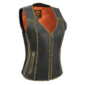 BROWN MLL4527 Women's Distress Brown Leather Motorcycle Rider Vest- Stretch Side Panel W/ Lacing Detail