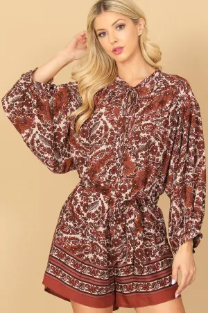 BUTTON DETAIL PUFF SEEVE WAIST KNOT PRINTED ROMPER