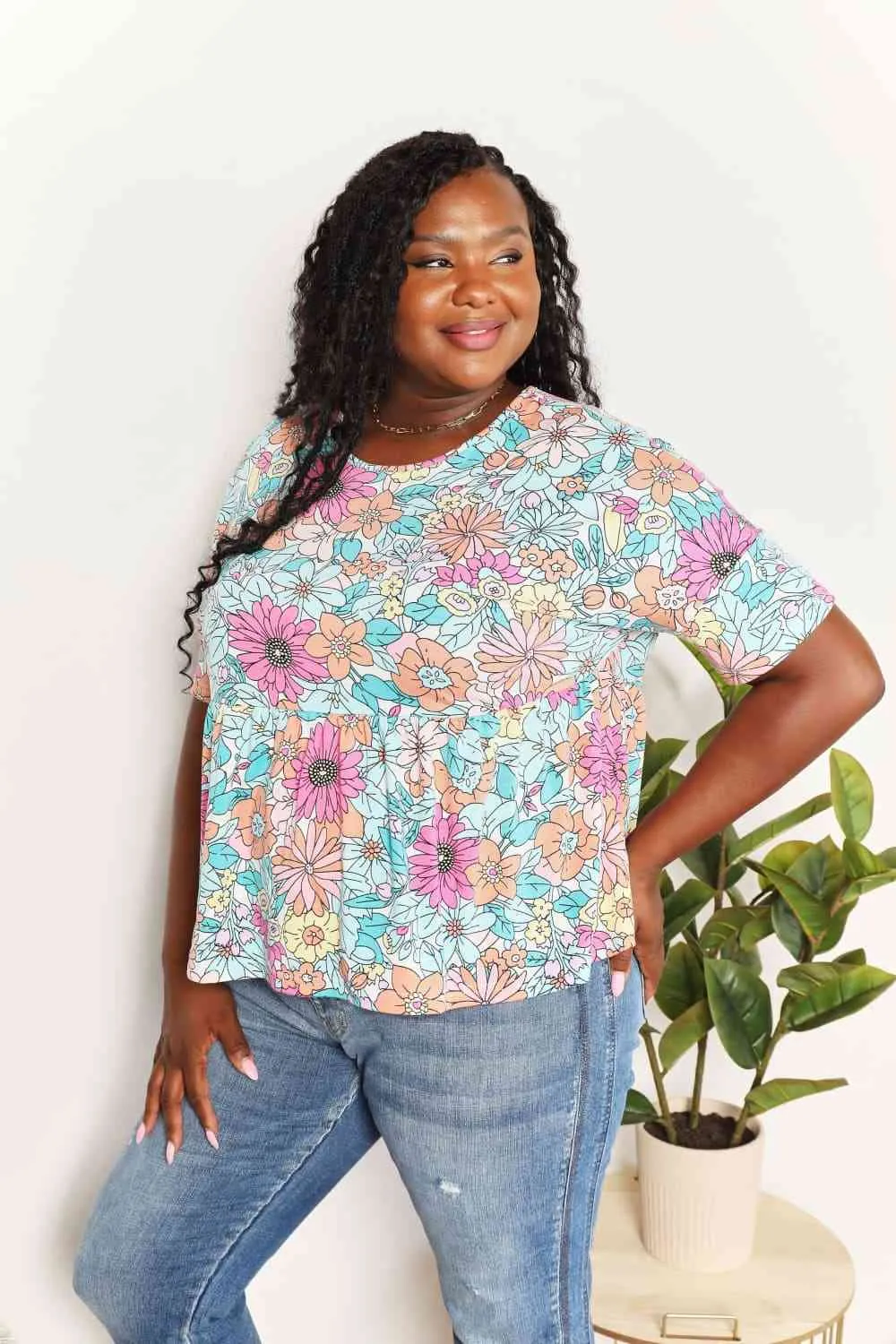 Casilda Double Take Floral Round Neck Babydoll Top