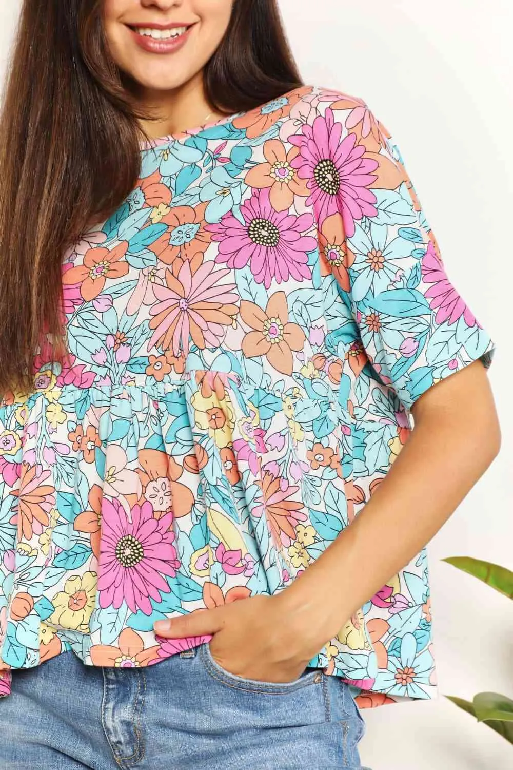 Casilda Double Take Floral Round Neck Babydoll Top