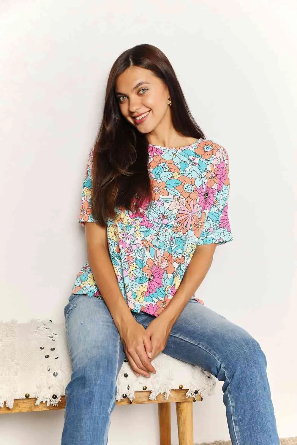 Casilda Double Take Floral Round Neck Babydoll Top
