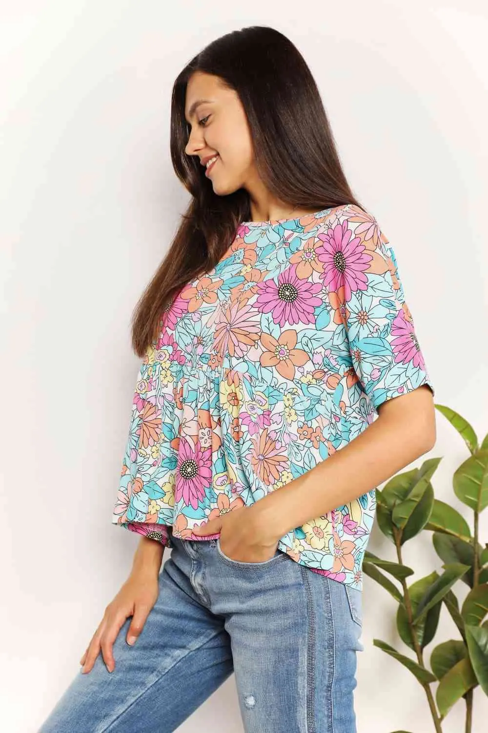 Casilda Double Take Floral Round Neck Babydoll Top