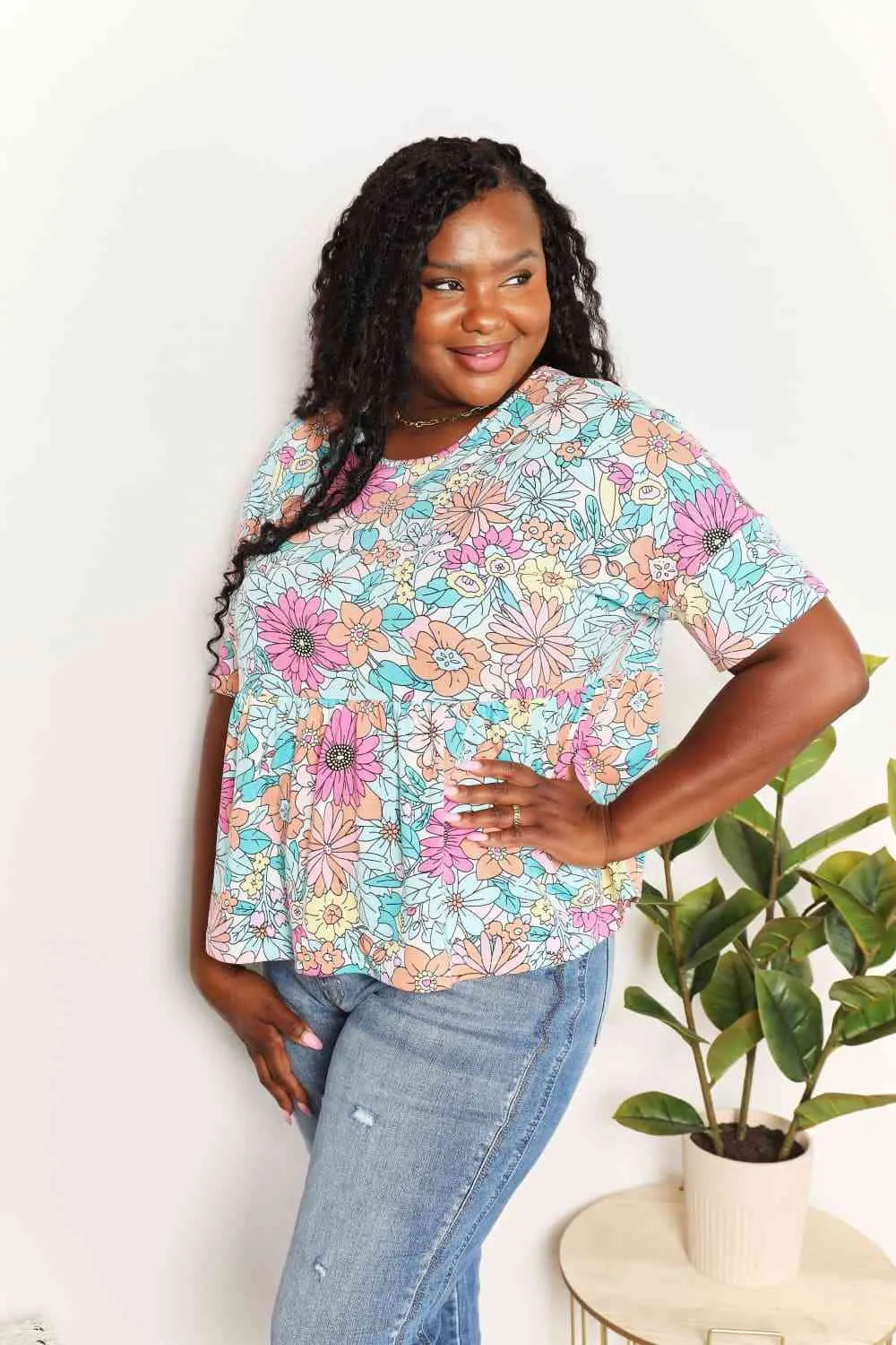 Casilda Double Take Floral Round Neck Babydoll Top
