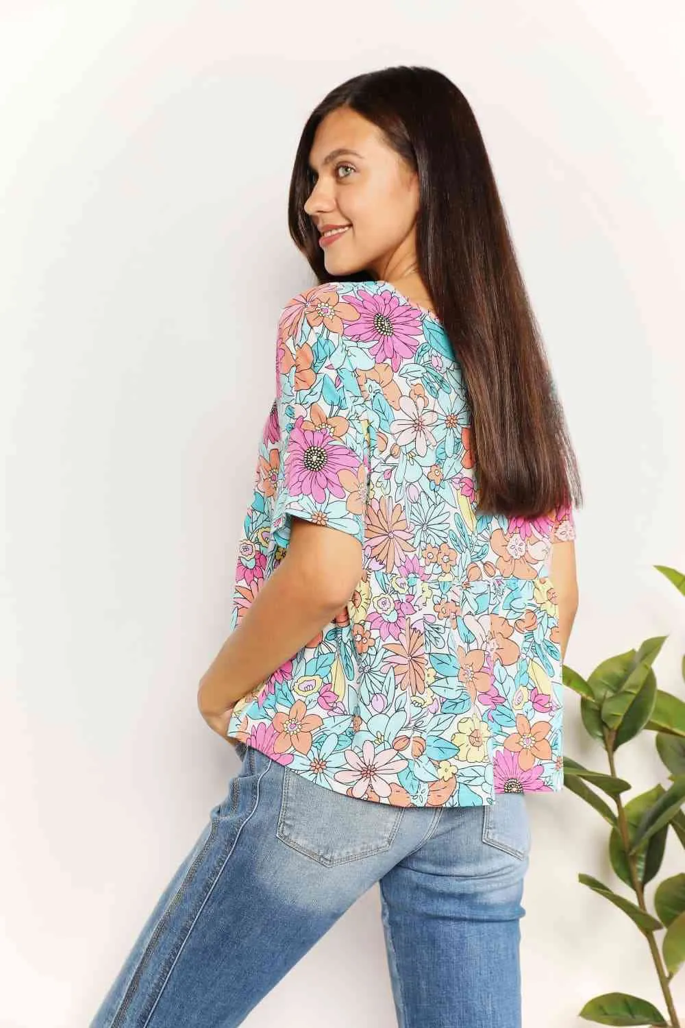Casilda Double Take Floral Round Neck Babydoll Top