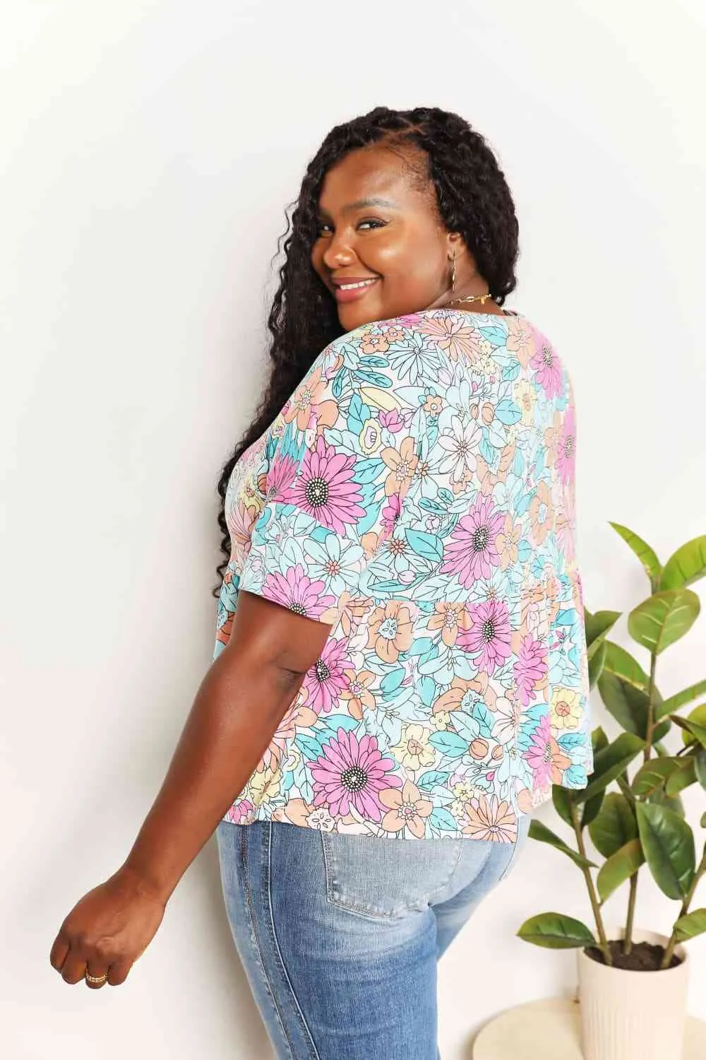 Casilda Double Take Floral Round Neck Babydoll Top