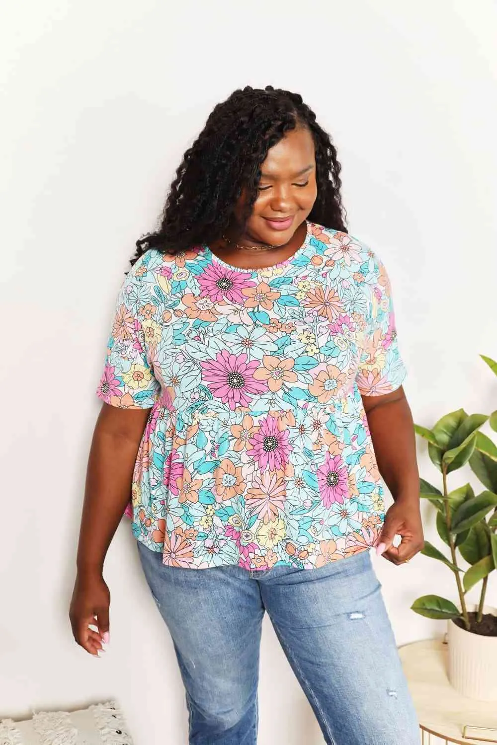 Casilda Double Take Floral Round Neck Babydoll Top