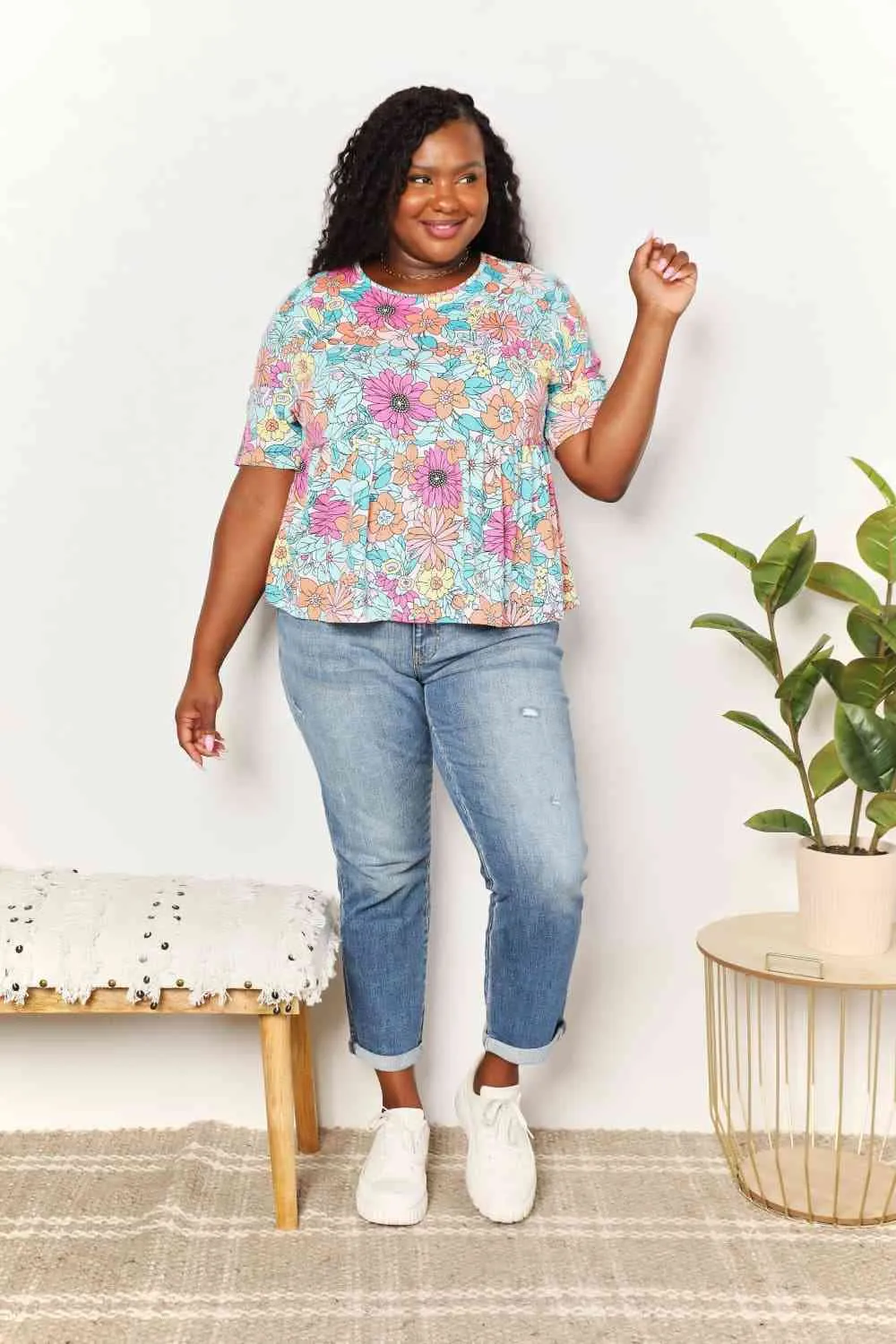 Casilda Double Take Floral Round Neck Babydoll Top