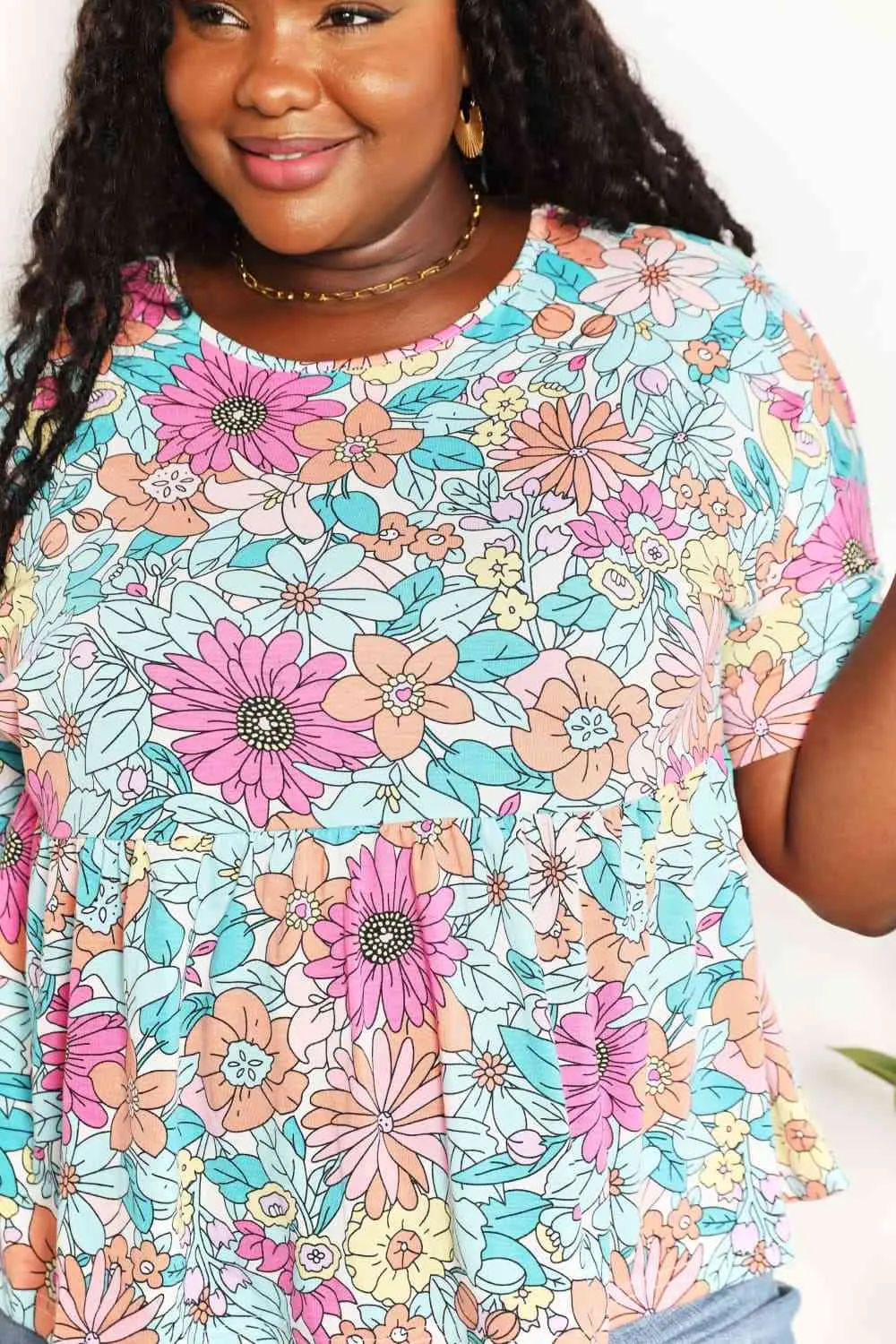 Casilda Double Take Floral Round Neck Babydoll Top