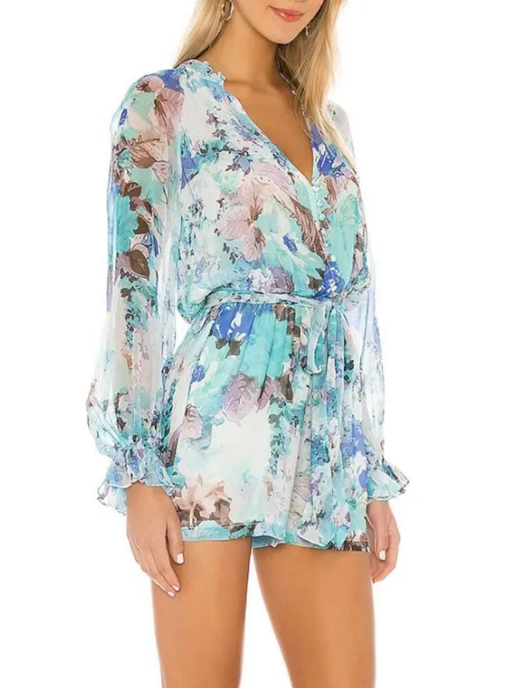 Casual Print Colorblock Playsuit For Women V Neck Loose Mini  Clothing