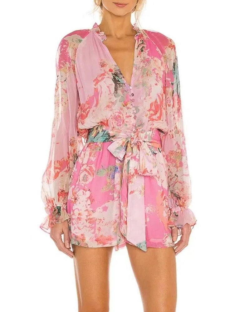 Casual Print Colorblock Playsuit For Women V Neck Loose Mini  Clothing