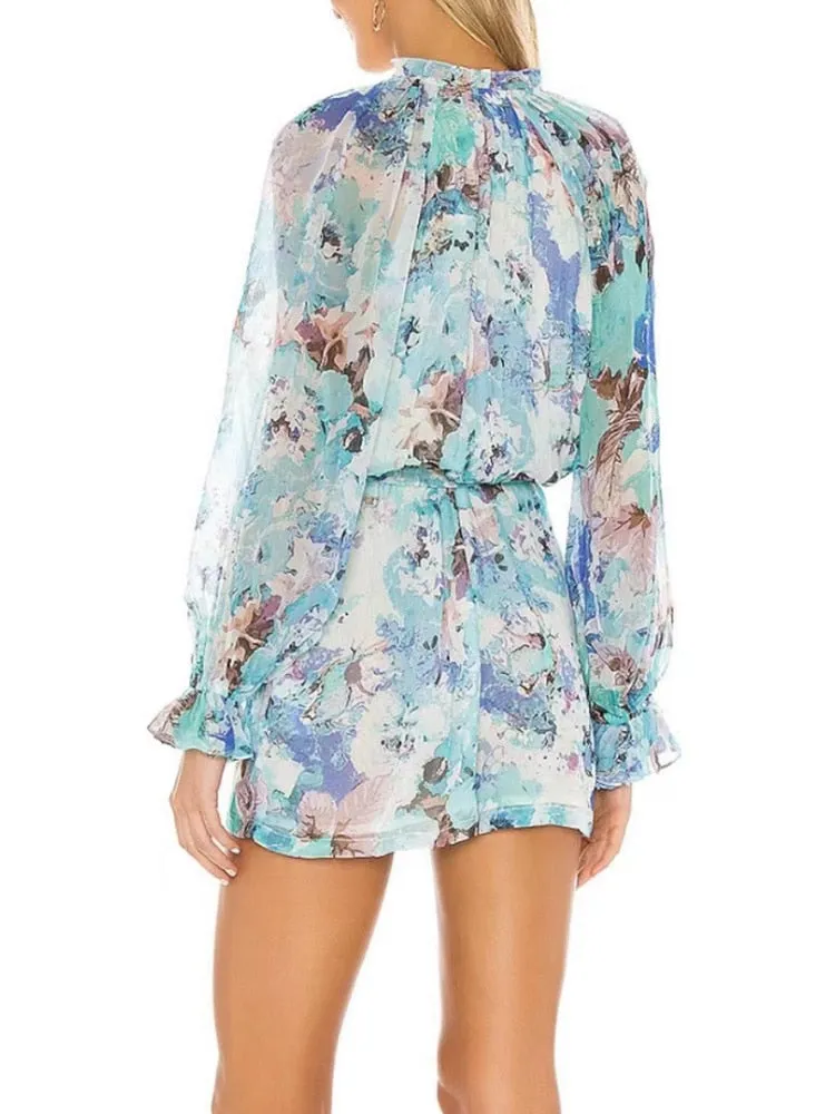 Casual Print Colorblock Playsuit For Women V Neck Loose Mini  Clothing