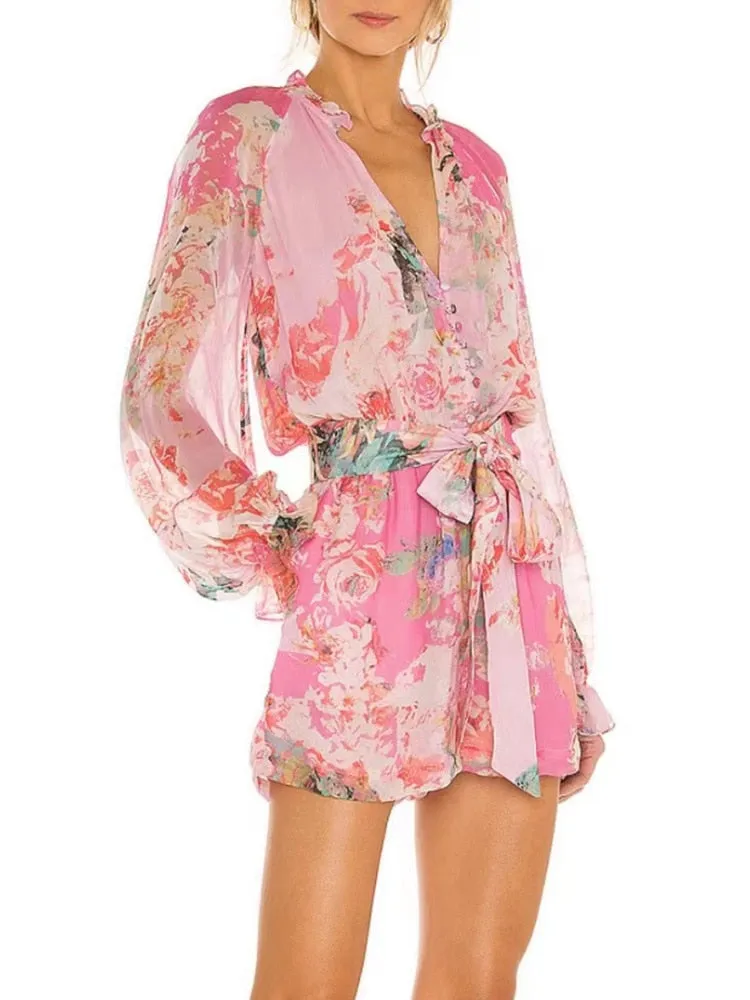 Casual Print Colorblock Playsuit For Women V Neck Loose Mini  Clothing