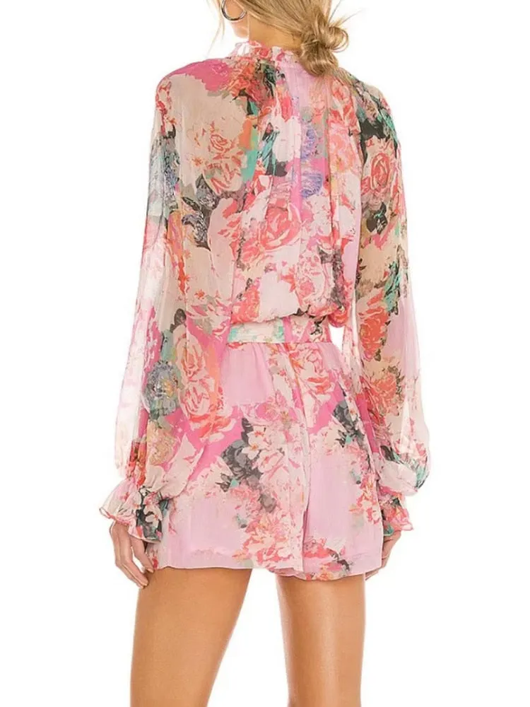 Casual Print Colorblock Playsuit For Women V Neck Loose Mini  Clothing