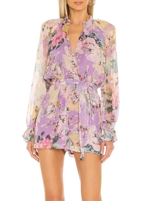Casual Print Colorblock Playsuit For Women V Neck Loose Mini  Clothing