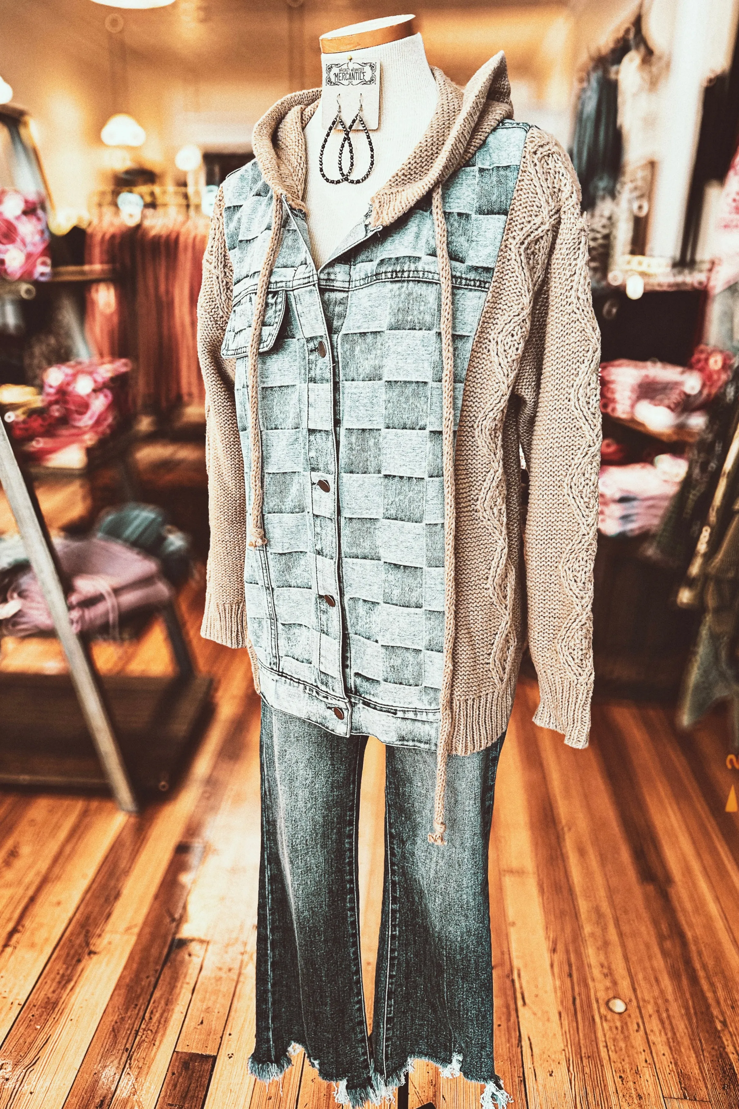 Checkered Denim   Sweater Jacket