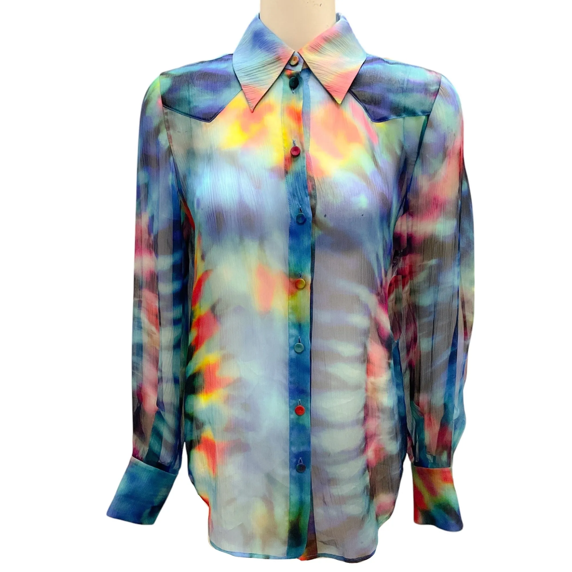 Chloe Blue Multi Sheer Tie-Dye Silk Blouse