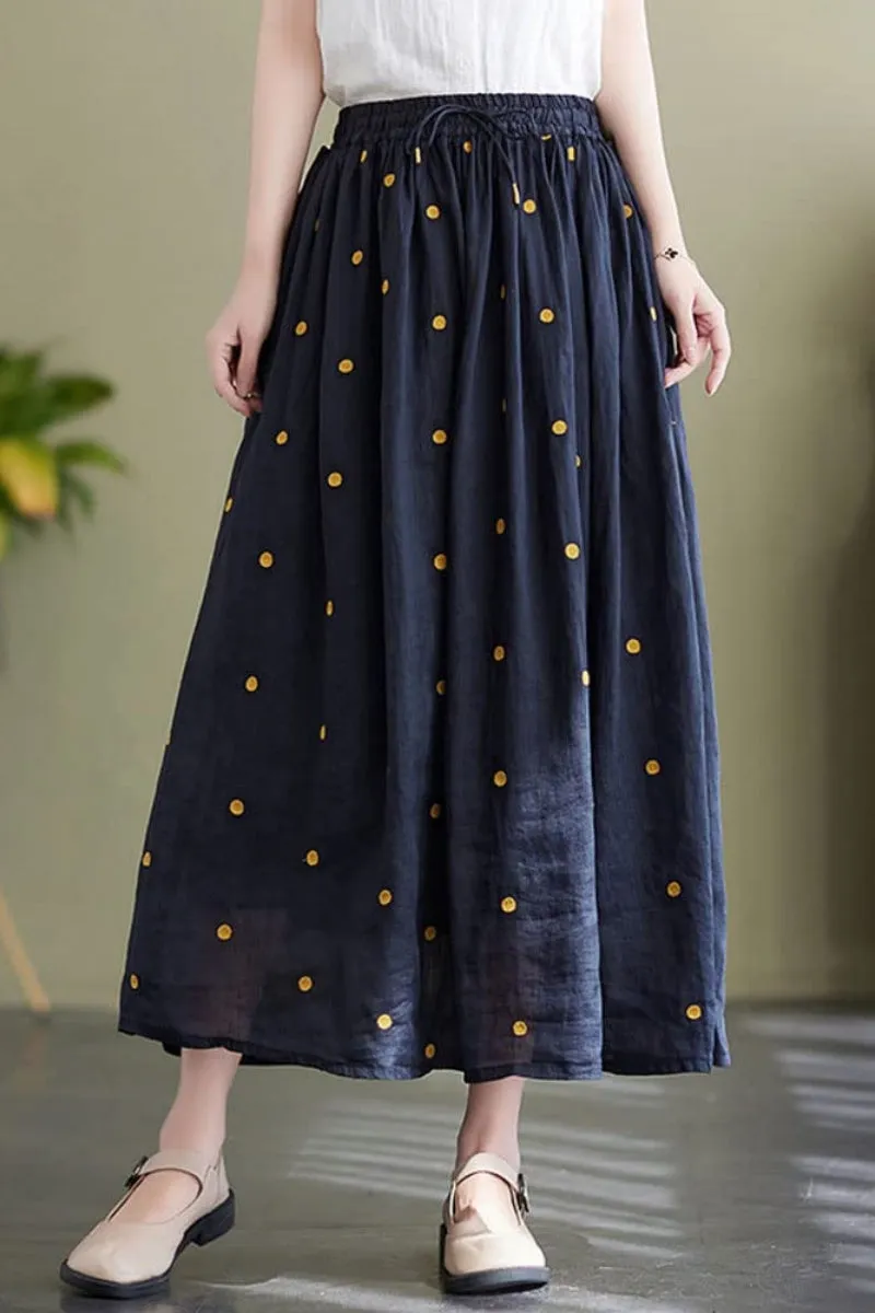 Chouyatou Women's Elegant Polka Dot A-Line Skirt Boho Swing Pleated Cotton Midi Long Skirt