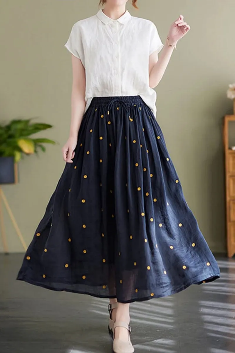 Chouyatou Women's Elegant Polka Dot A-Line Skirt Boho Swing Pleated Cotton Midi Long Skirt