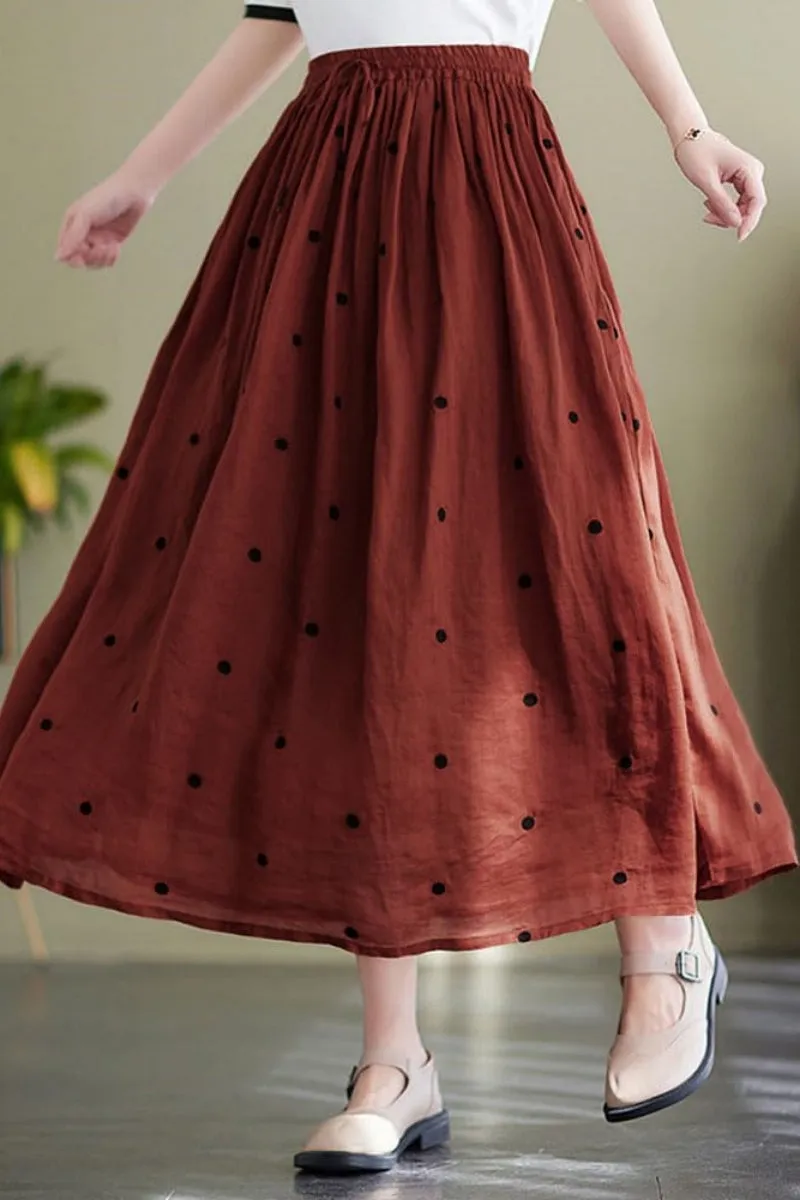Chouyatou Women's Elegant Polka Dot A-Line Skirt Boho Swing Pleated Cotton Midi Long Skirt