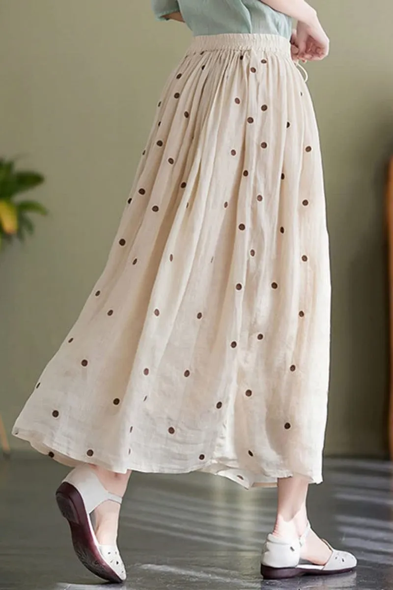 Chouyatou Women's Elegant Polka Dot A-Line Skirt Boho Swing Pleated Cotton Midi Long Skirt