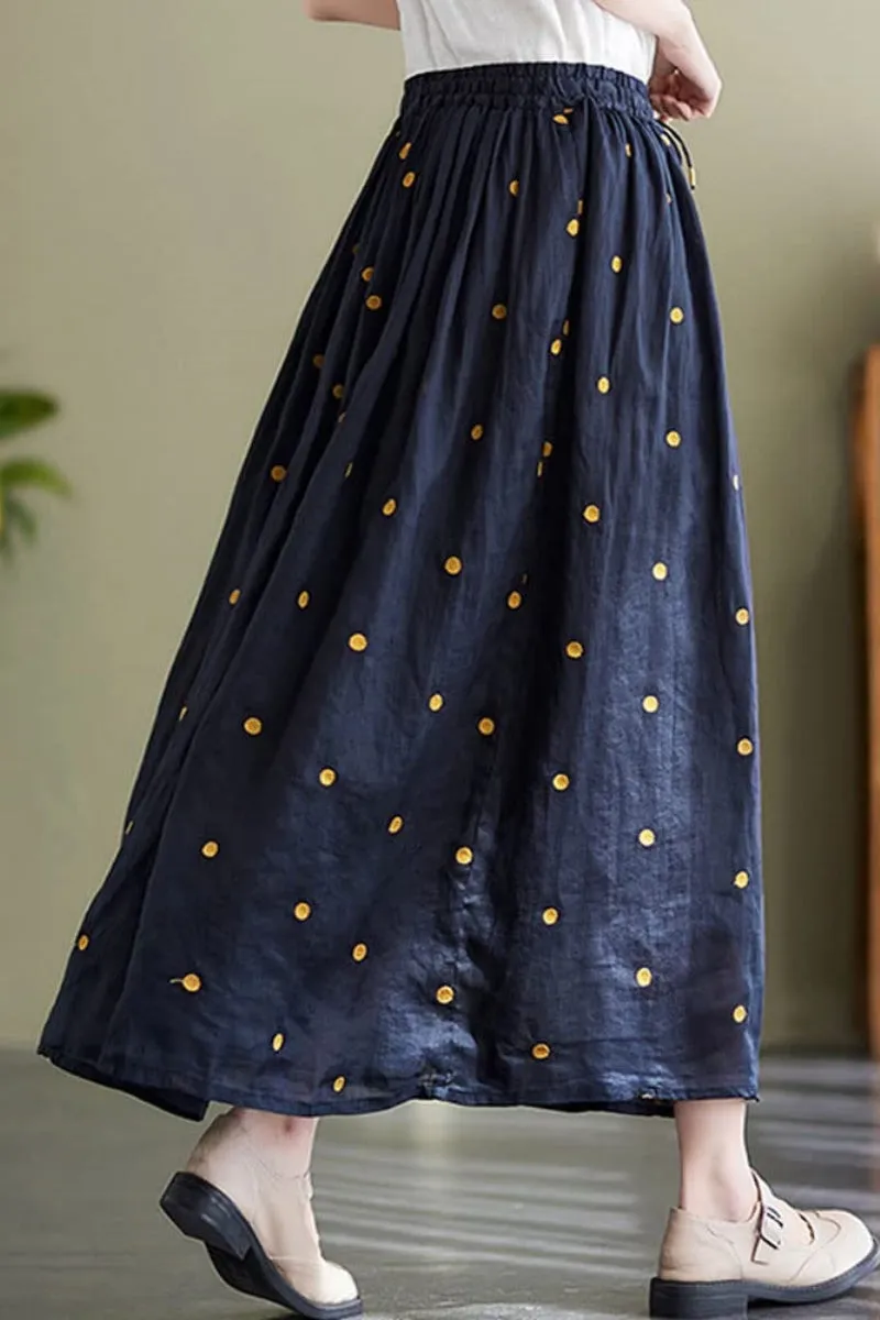 Chouyatou Women's Elegant Polka Dot A-Line Skirt Boho Swing Pleated Cotton Midi Long Skirt