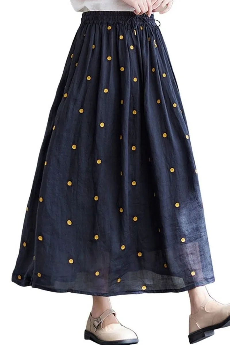 Chouyatou Women's Elegant Polka Dot A-Line Skirt Boho Swing Pleated Cotton Midi Long Skirt