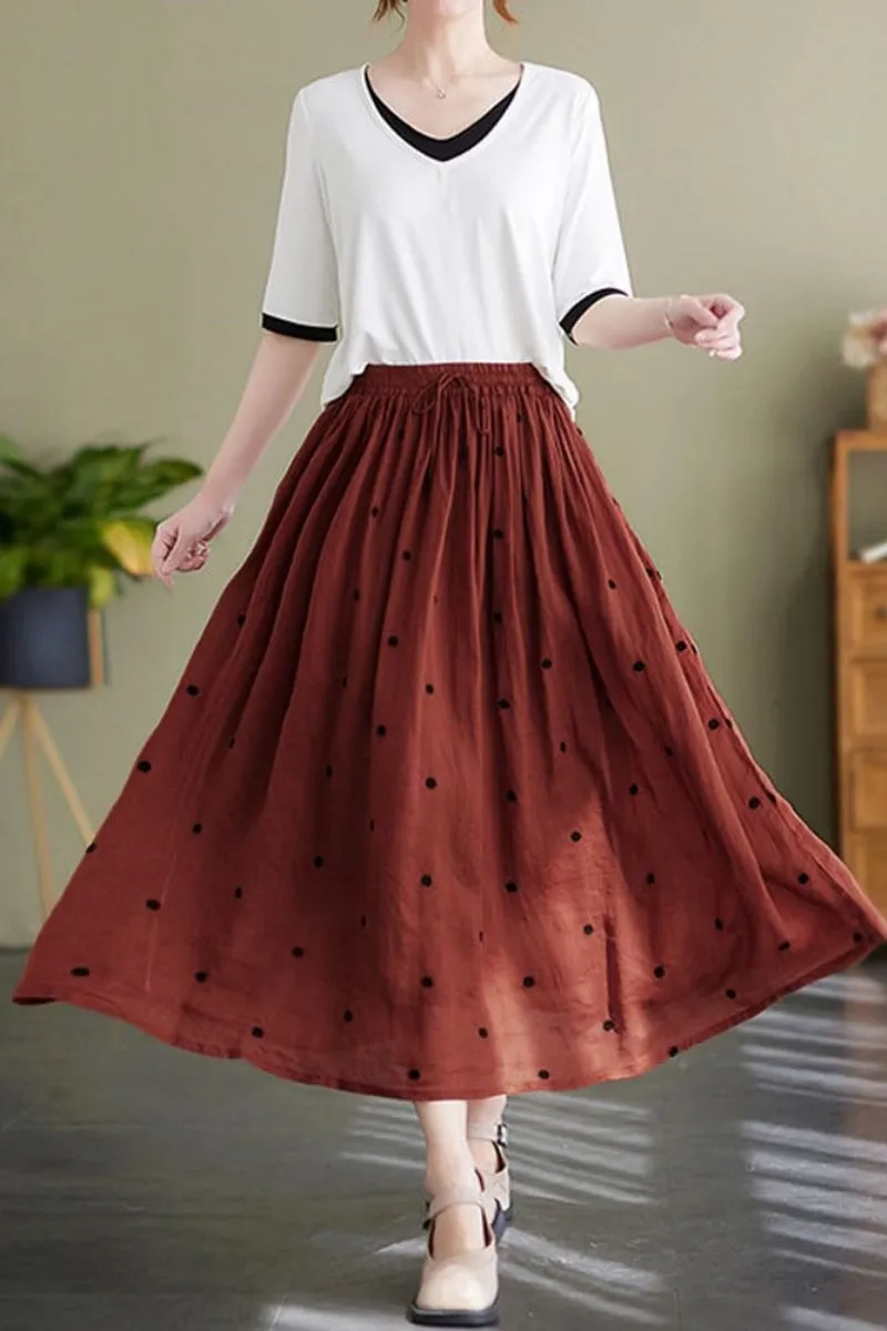 Chouyatou Women's Elegant Polka Dot A-Line Skirt Boho Swing Pleated Cotton Midi Long Skirt