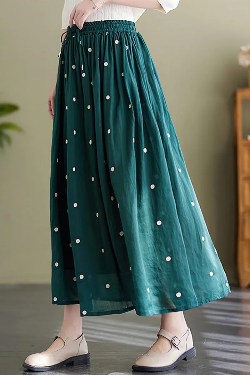Chouyatou Women's Elegant Polka Dot A-Line Skirt Boho Swing Pleated Cotton Midi Long Skirt