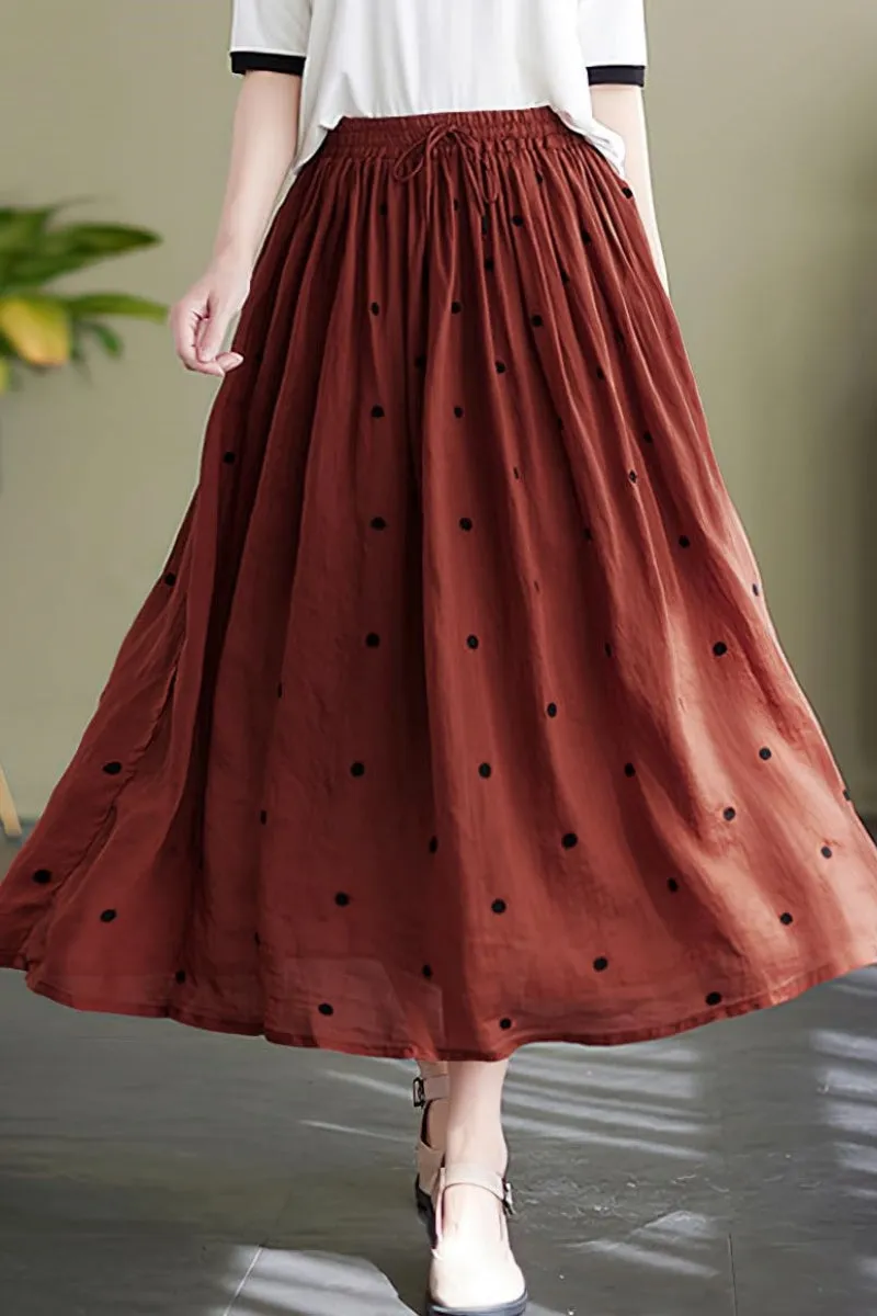 Chouyatou Women's Elegant Polka Dot A-Line Skirt Boho Swing Pleated Cotton Midi Long Skirt