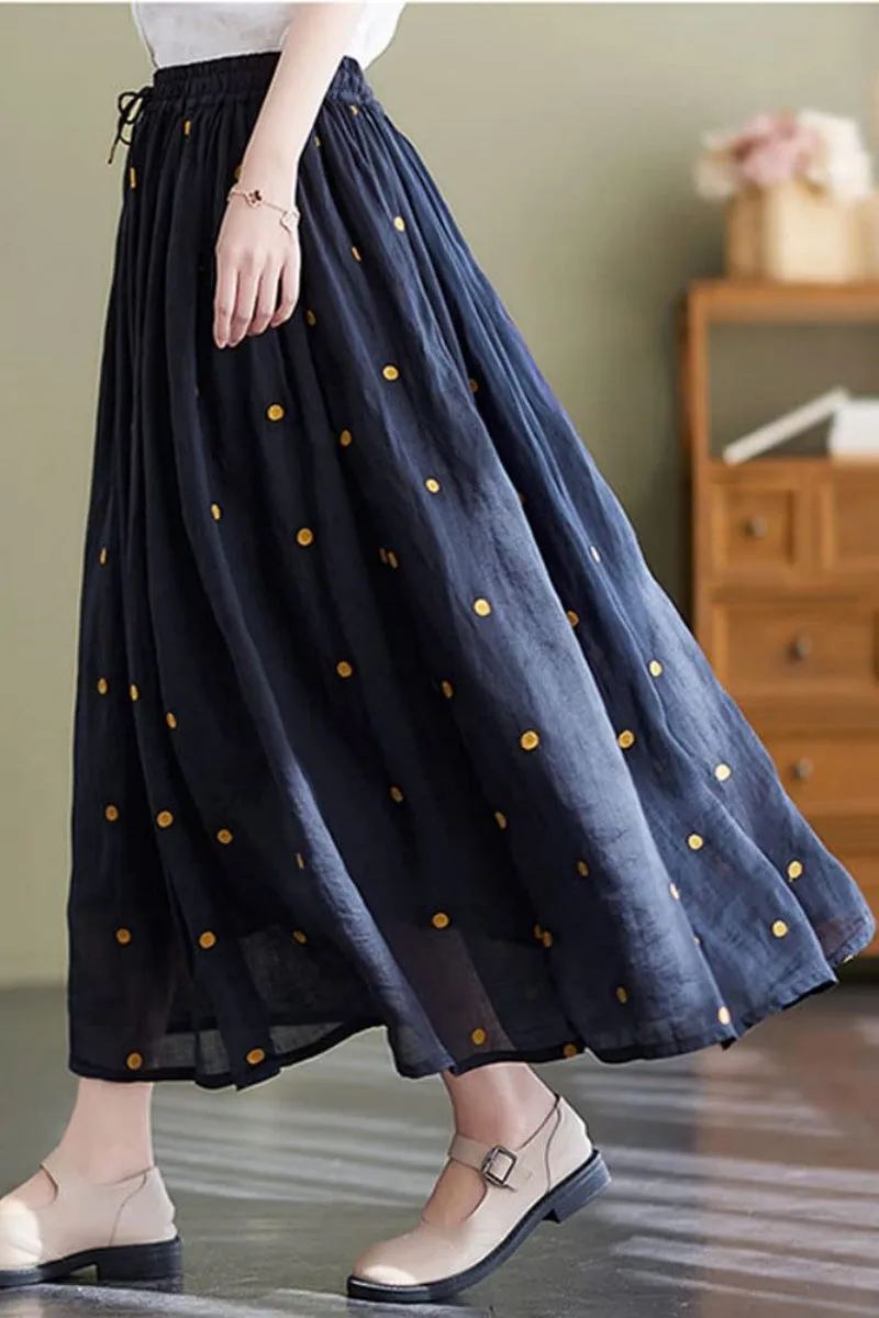 Chouyatou Women's Elegant Polka Dot A-Line Skirt Boho Swing Pleated Cotton Midi Long Skirt