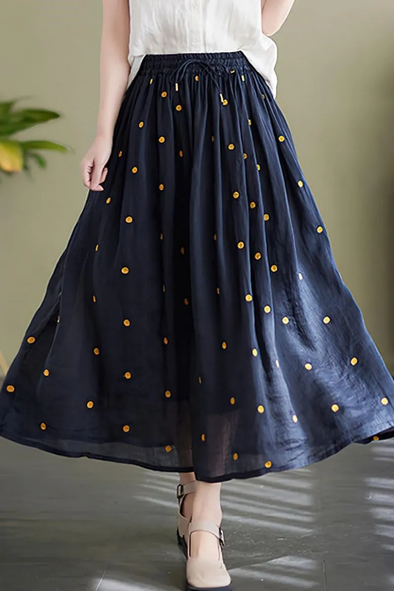 Chouyatou Women's Elegant Polka Dot A-Line Skirt Boho Swing Pleated Cotton Midi Long Skirt