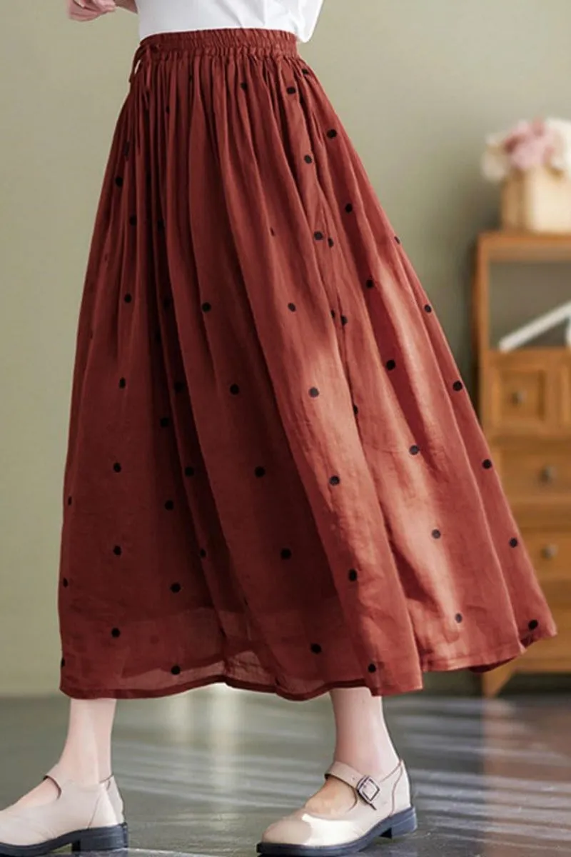 Chouyatou Women's Elegant Polka Dot A-Line Skirt Boho Swing Pleated Cotton Midi Long Skirt