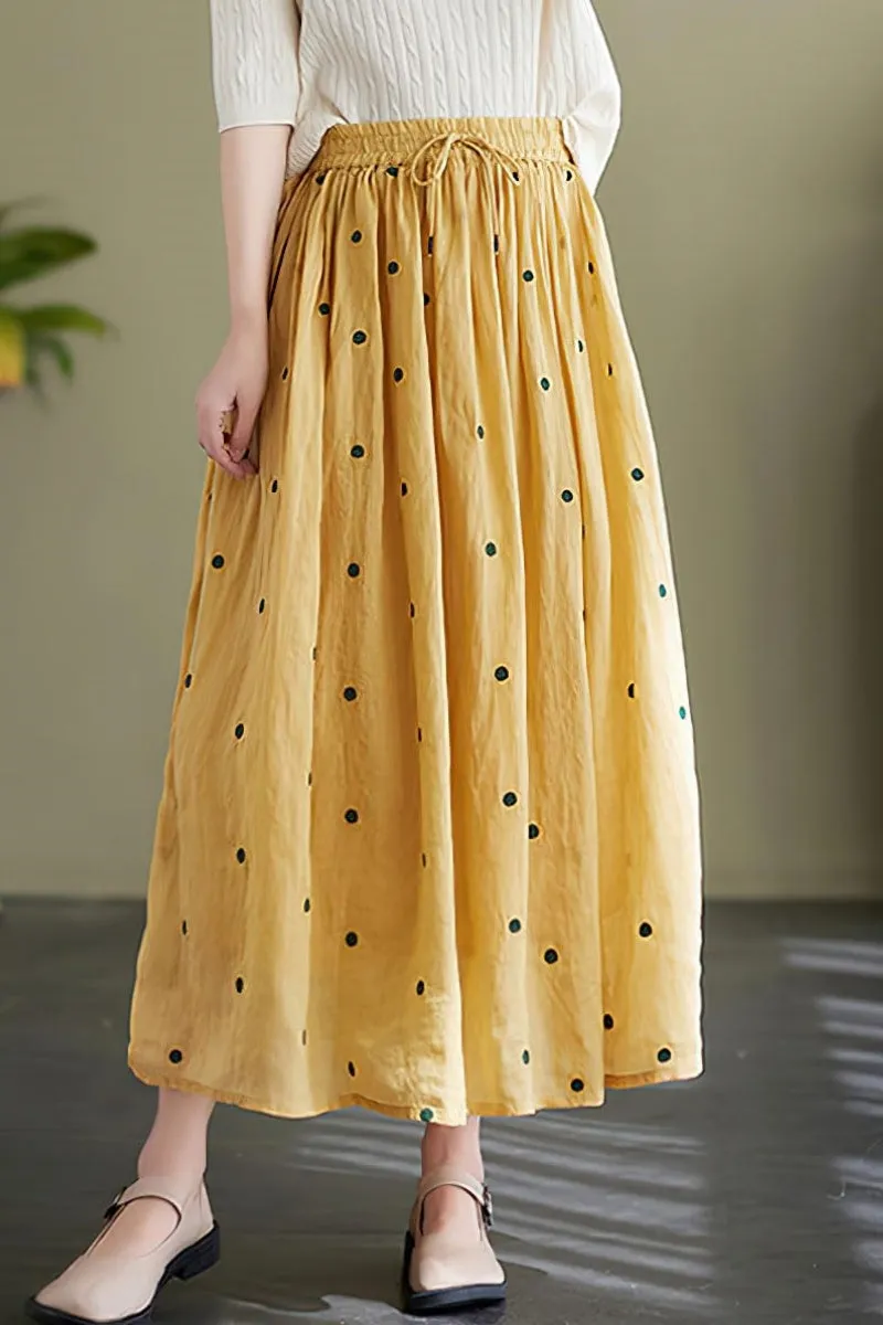 Chouyatou Women's Elegant Polka Dot A-Line Skirt Boho Swing Pleated Cotton Midi Long Skirt