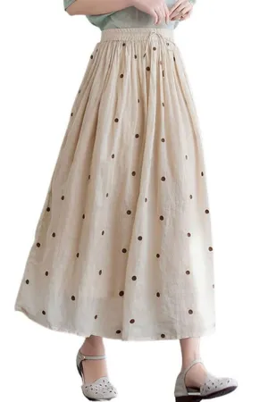 Chouyatou Women's Elegant Polka Dot A-Line Skirt Boho Swing Pleated Cotton Midi Long Skirt