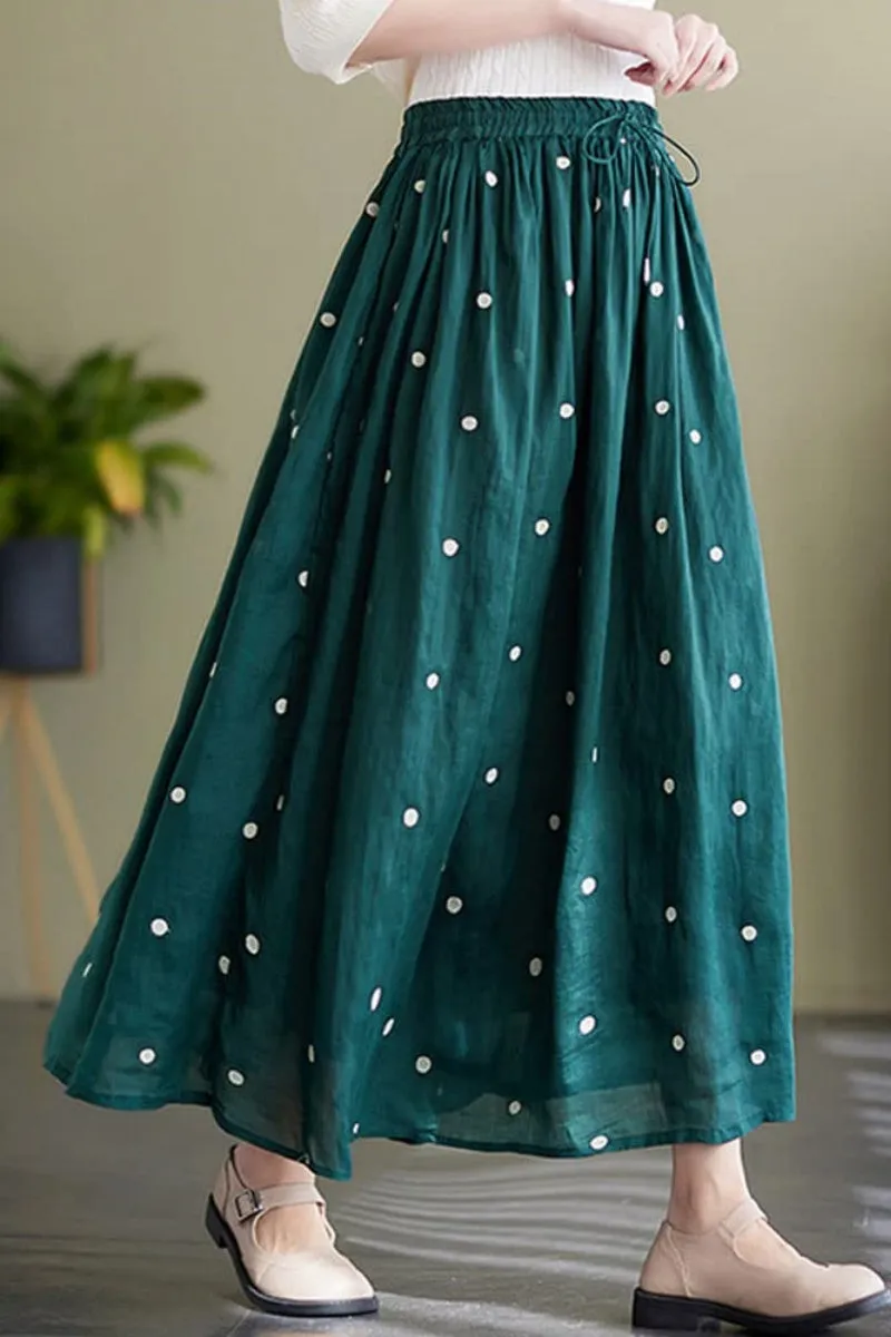 Chouyatou Women's Elegant Polka Dot A-Line Skirt Boho Swing Pleated Cotton Midi Long Skirt