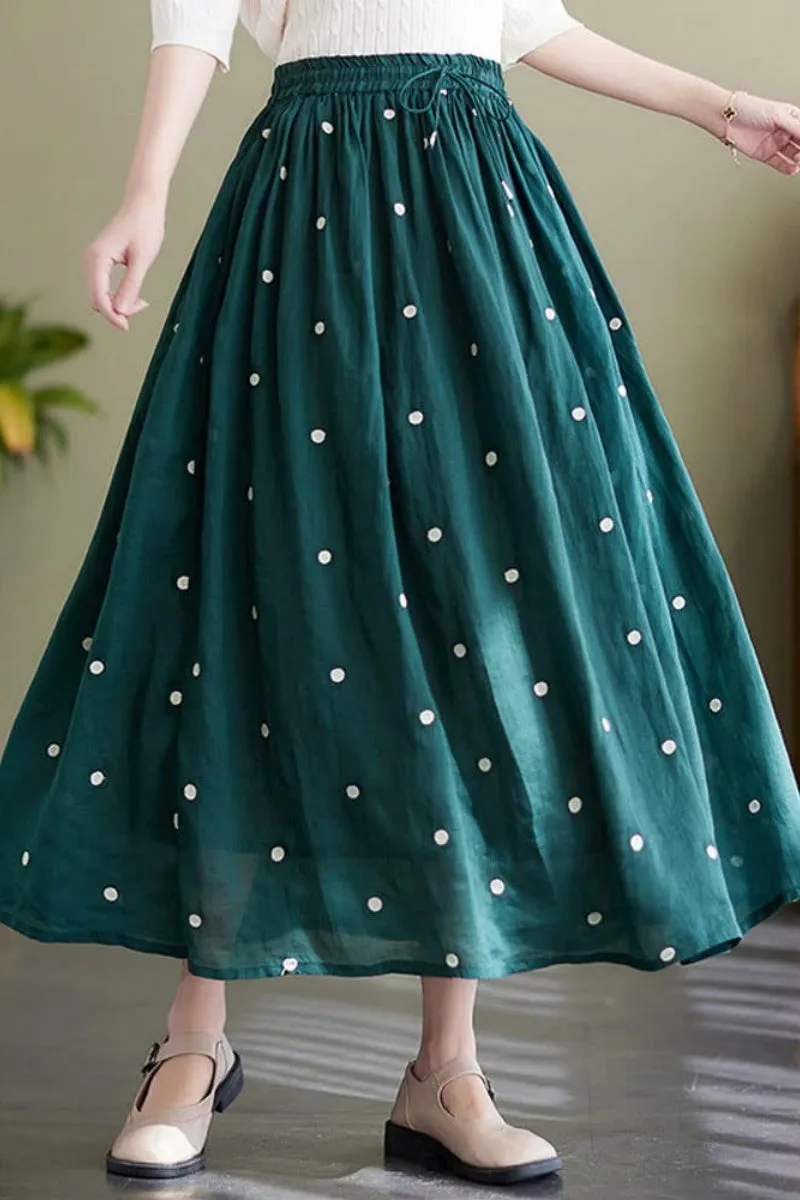 Chouyatou Women's Elegant Polka Dot A-Line Skirt Boho Swing Pleated Cotton Midi Long Skirt