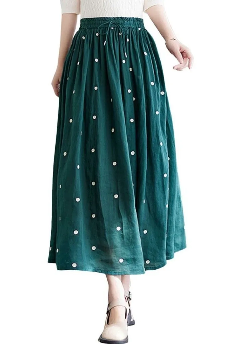 Chouyatou Women's Elegant Polka Dot A-Line Skirt Boho Swing Pleated Cotton Midi Long Skirt