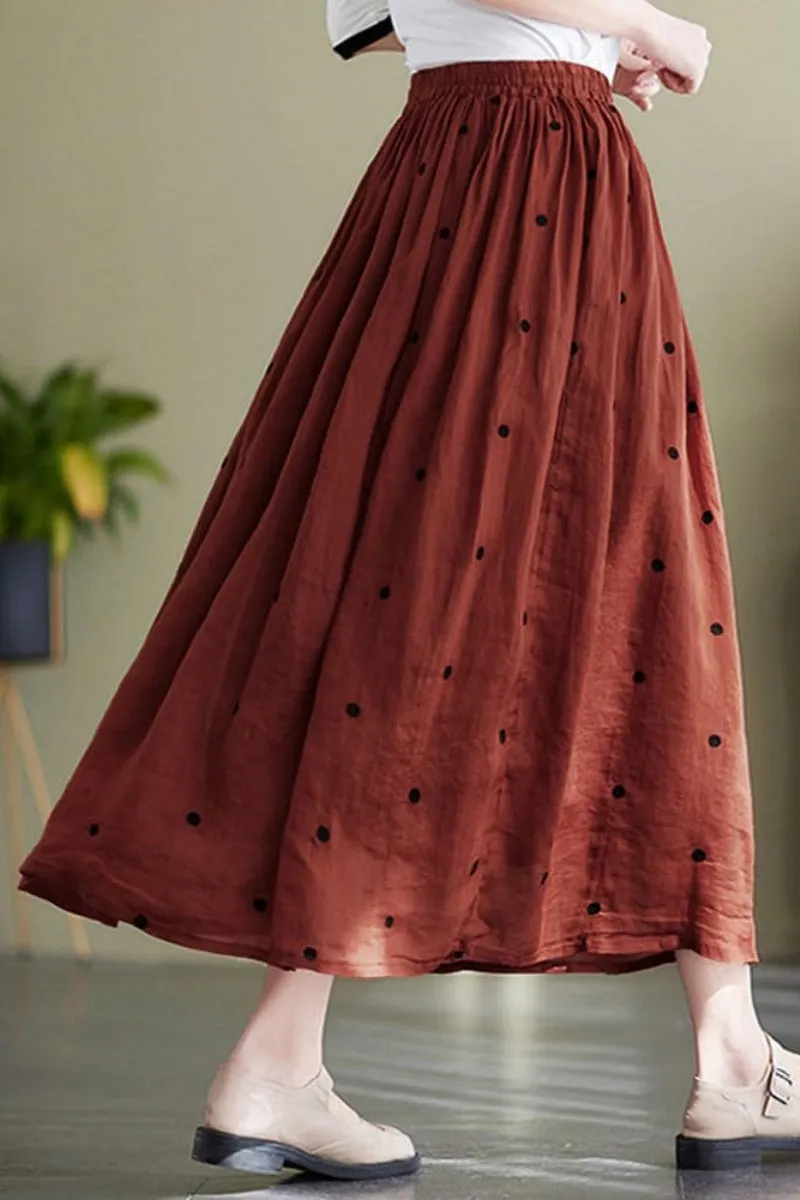 Chouyatou Women's Elegant Polka Dot A-Line Skirt Boho Swing Pleated Cotton Midi Long Skirt