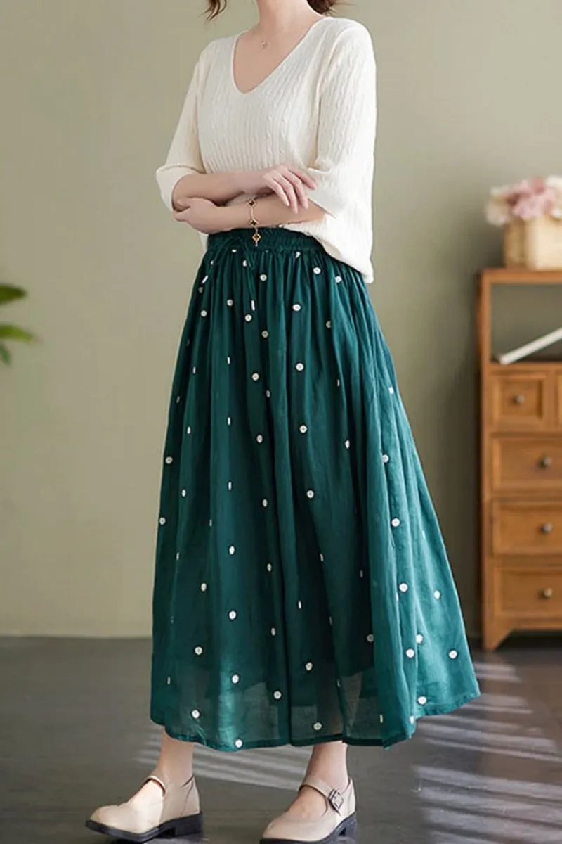 Chouyatou Women's Elegant Polka Dot A-Line Skirt Boho Swing Pleated Cotton Midi Long Skirt