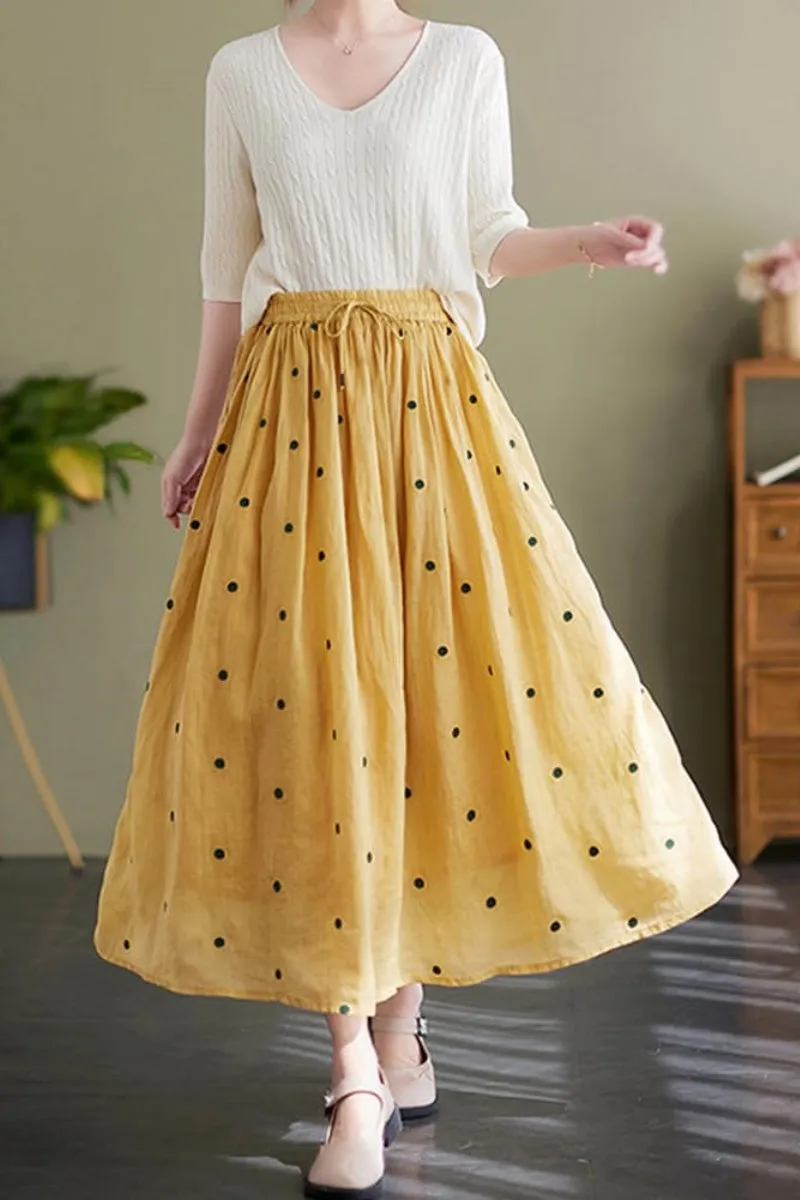 Chouyatou Women's Elegant Polka Dot A-Line Skirt Boho Swing Pleated Cotton Midi Long Skirt