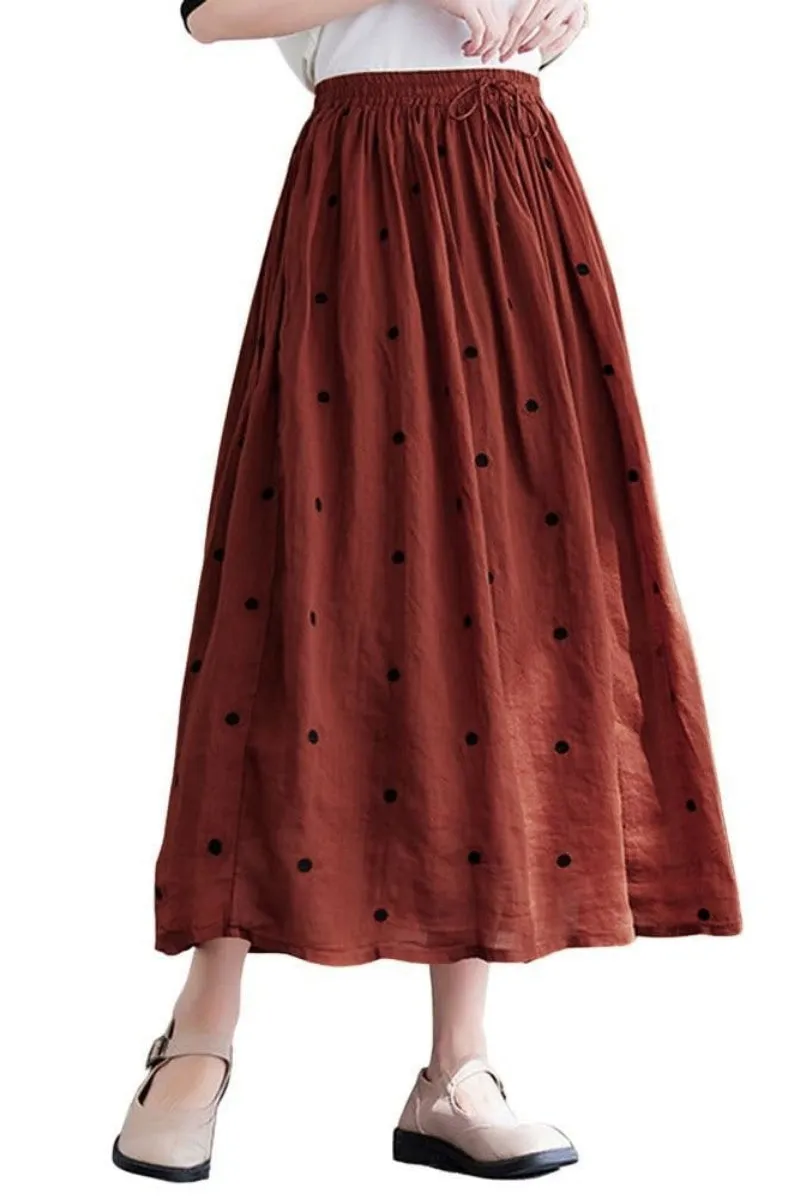 Chouyatou Women's Elegant Polka Dot A-Line Skirt Boho Swing Pleated Cotton Midi Long Skirt