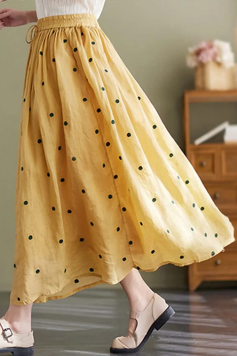 Chouyatou Women's Elegant Polka Dot A-Line Skirt Boho Swing Pleated Cotton Midi Long Skirt
