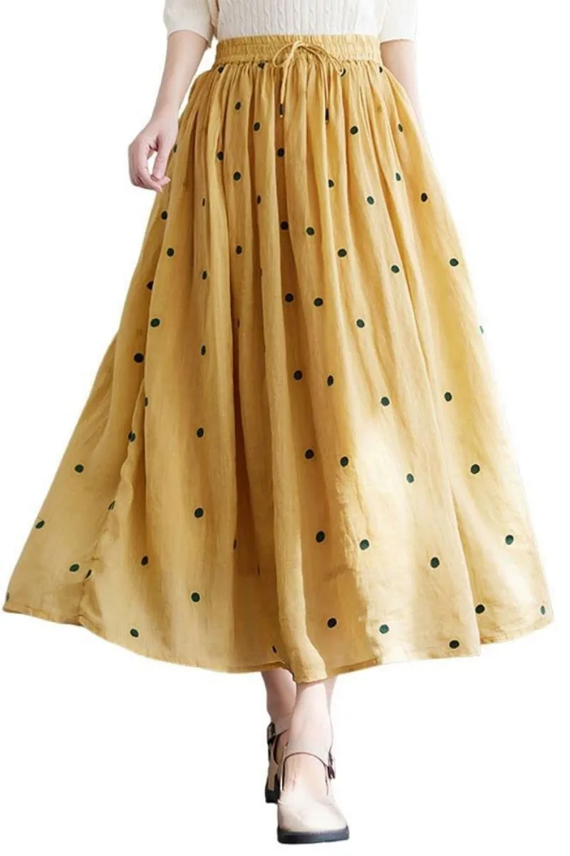 Chouyatou Women's Elegant Polka Dot A-Line Skirt Boho Swing Pleated Cotton Midi Long Skirt