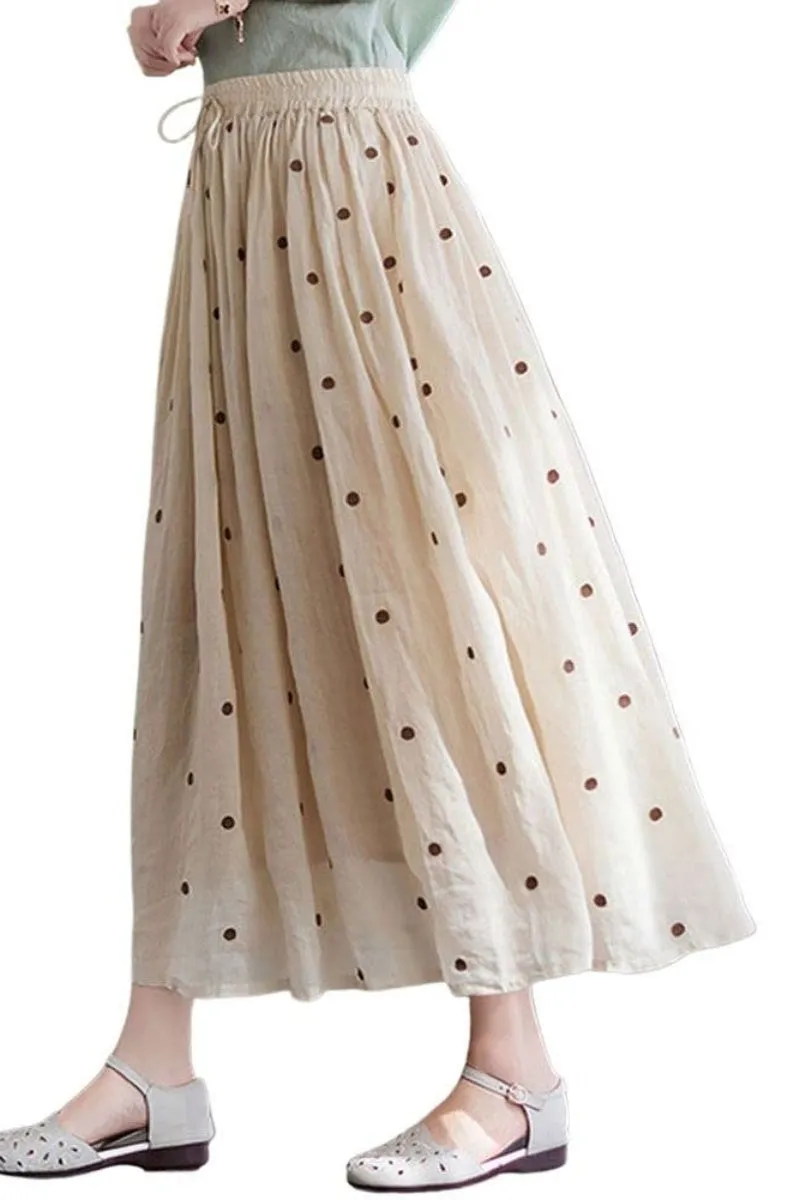 Chouyatou Women's Elegant Polka Dot A-Line Skirt Boho Swing Pleated Cotton Midi Long Skirt