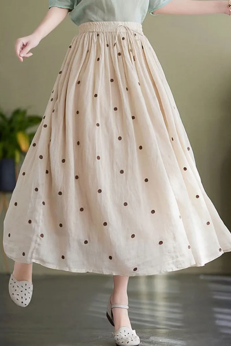 Chouyatou Women's Elegant Polka Dot A-Line Skirt Boho Swing Pleated Cotton Midi Long Skirt