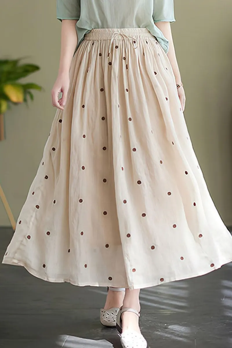 Chouyatou Women's Elegant Polka Dot A-Line Skirt Boho Swing Pleated Cotton Midi Long Skirt