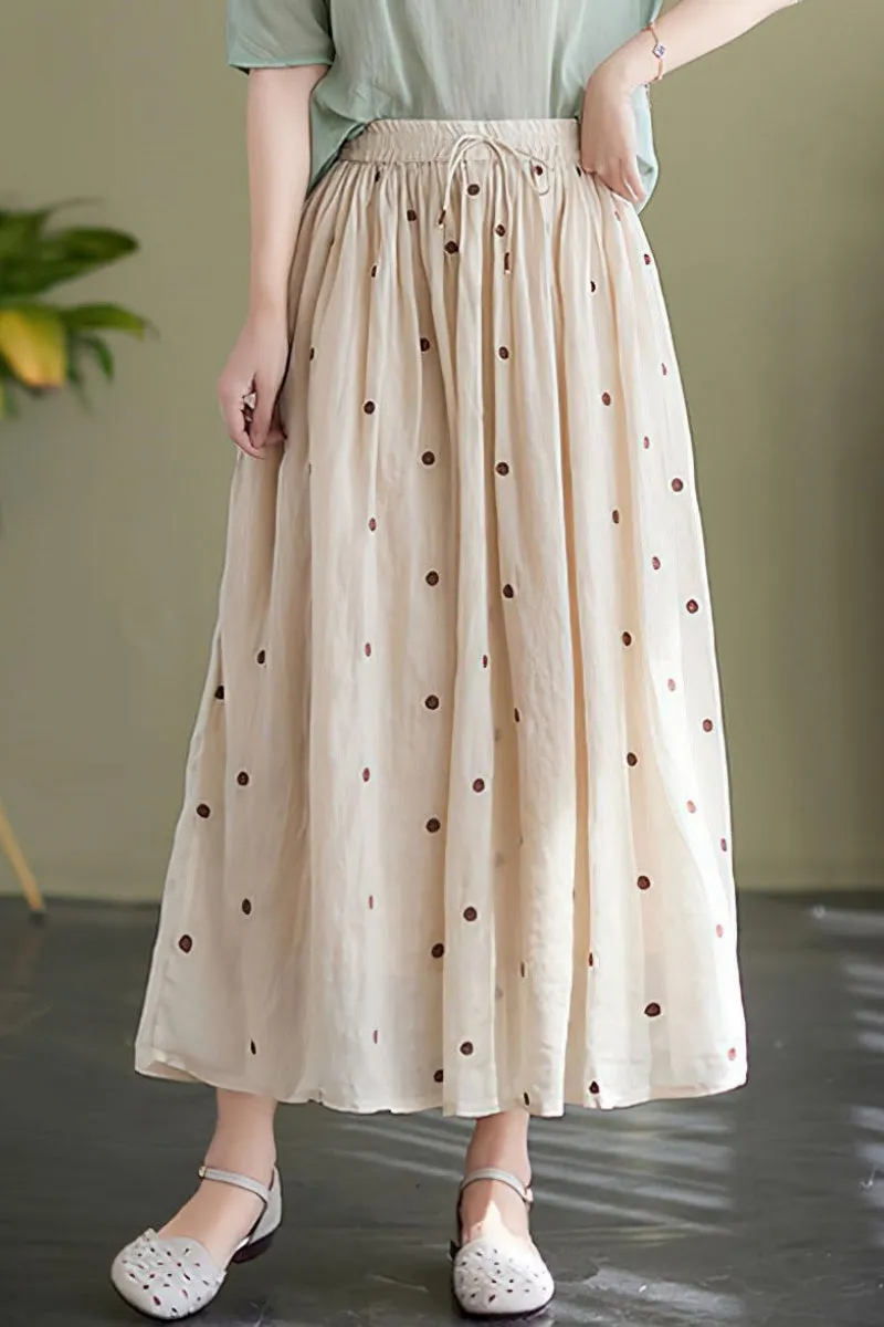 Chouyatou Women's Elegant Polka Dot A-Line Skirt Boho Swing Pleated Cotton Midi Long Skirt