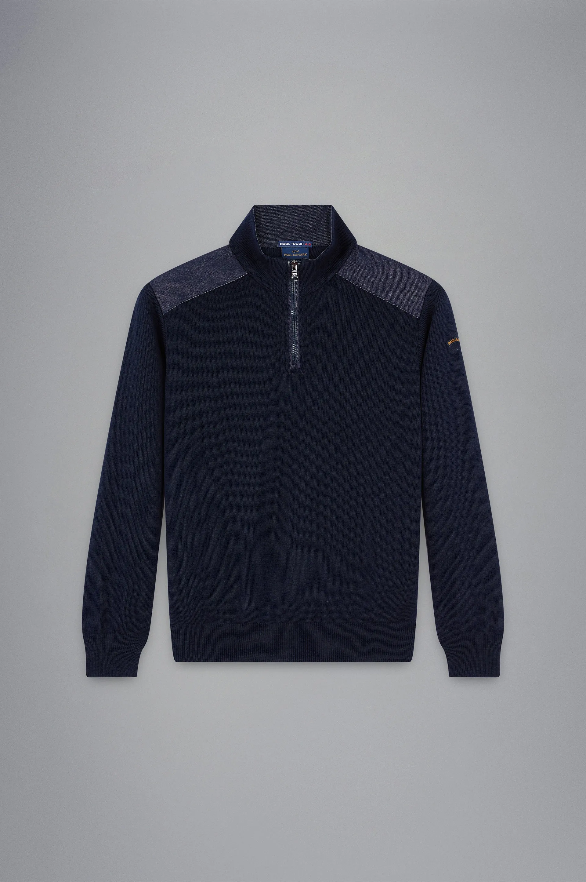 Cool Touch Wool Quarter Zip with Denim Detail