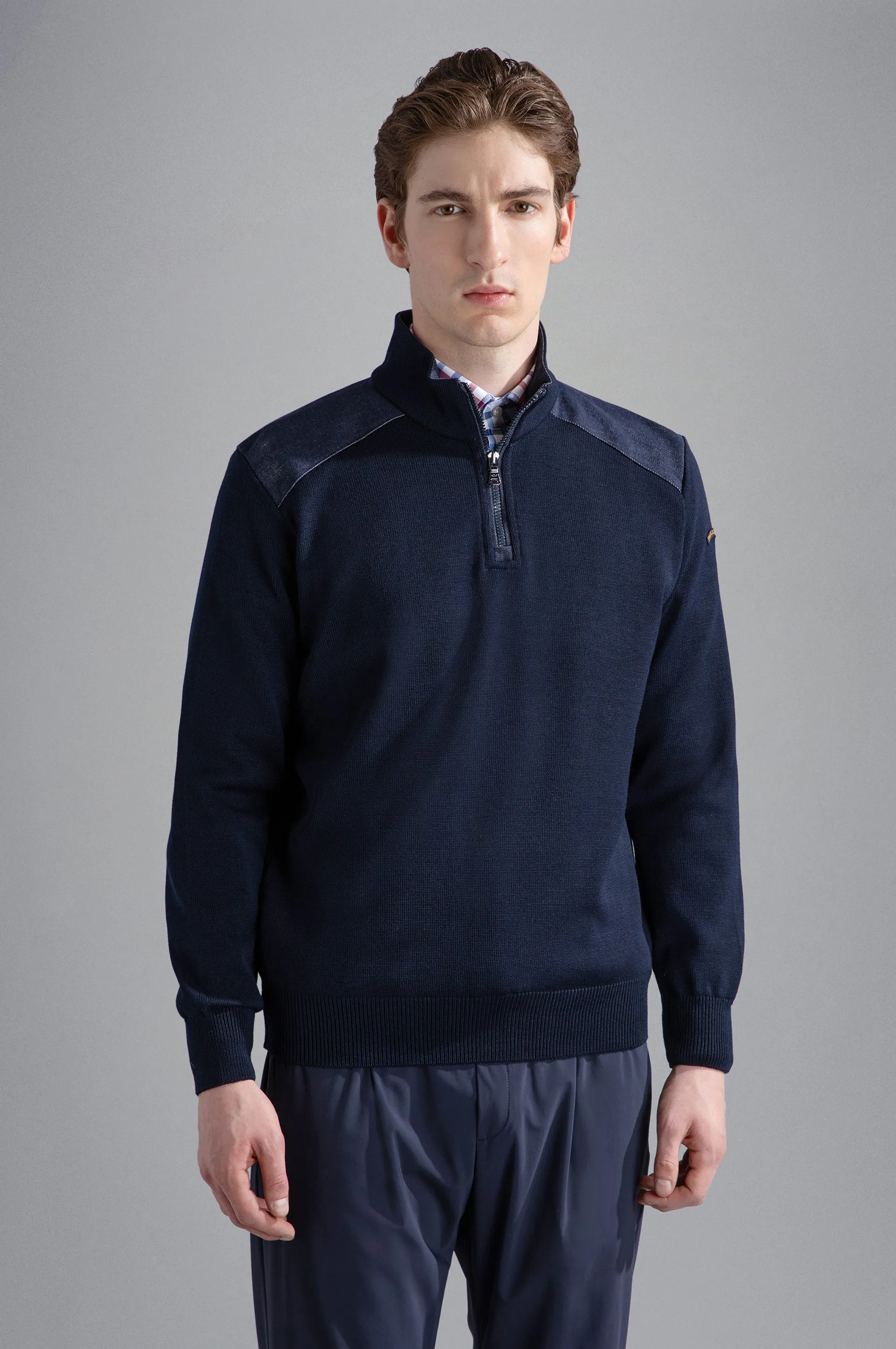 Cool Touch Wool Quarter Zip with Denim Detail