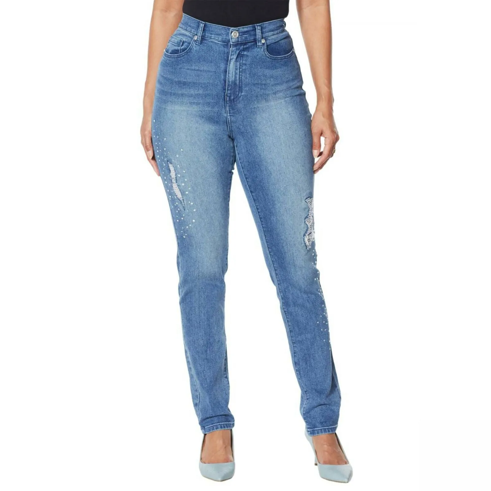 DG2 by Diane Gilman Embellished Distressed Anniversary Jeans Midtone 8